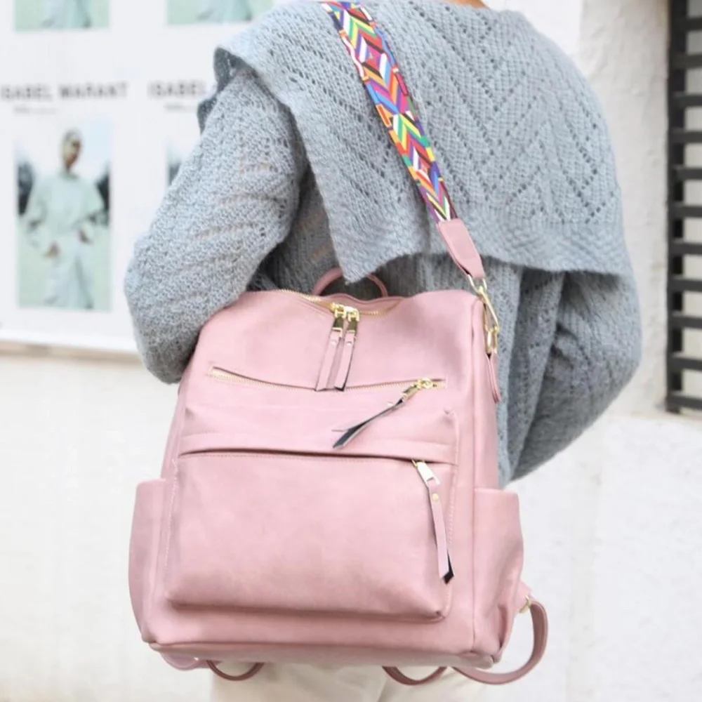 Luxe Vegan Leather Colorful Strap Backpack Shoulder bag - Picture 6 of 13